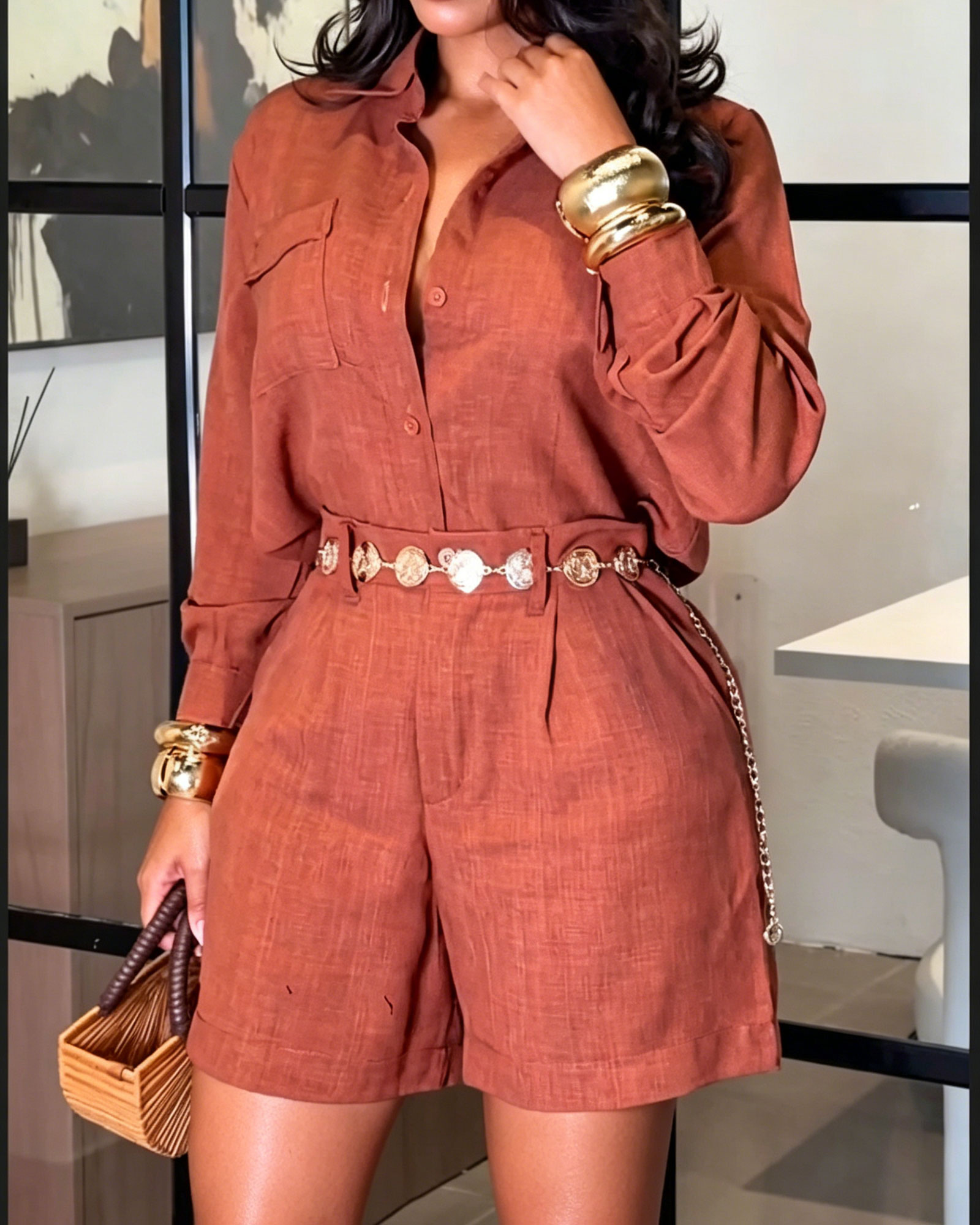 Long Sleeve Button-Down Shirt & High-Waisted Tailored Shorts Two-Piece Set (Pre-Sale)