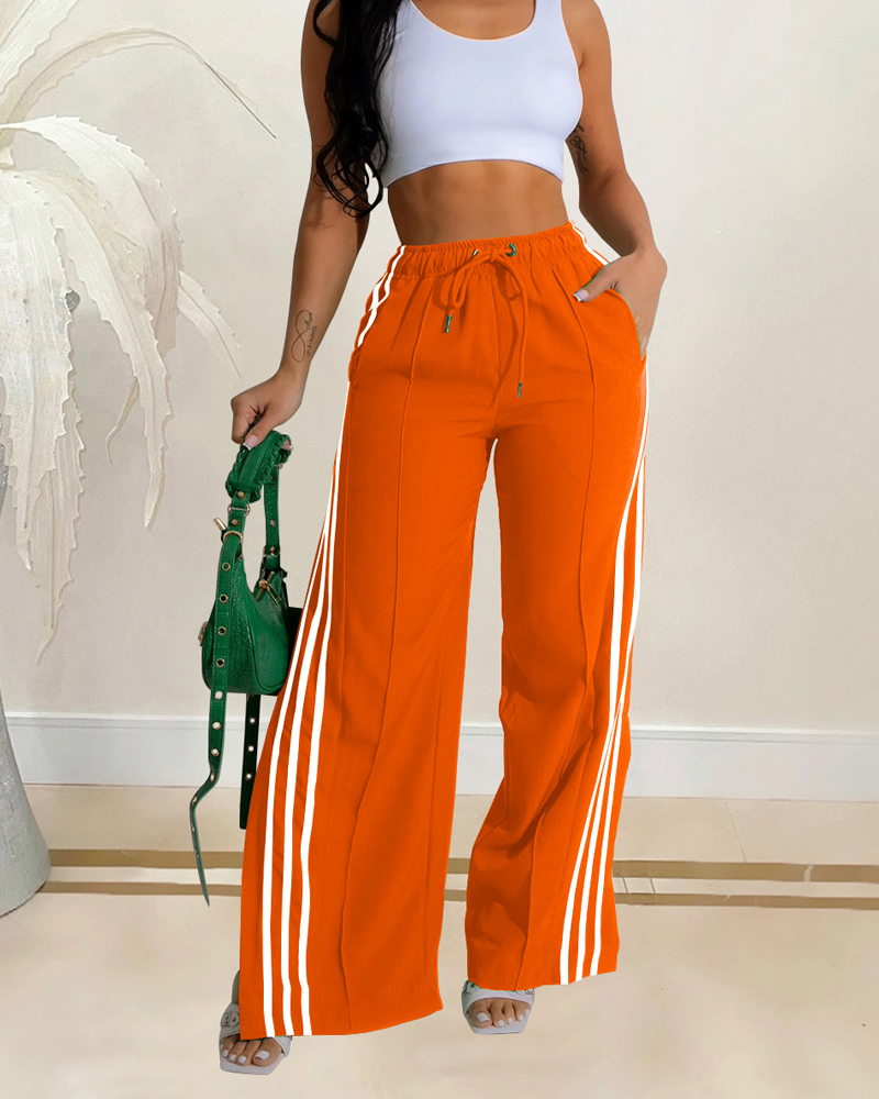 Side Stripe Solid Color Sports Casual Pants-Curvy-Faja