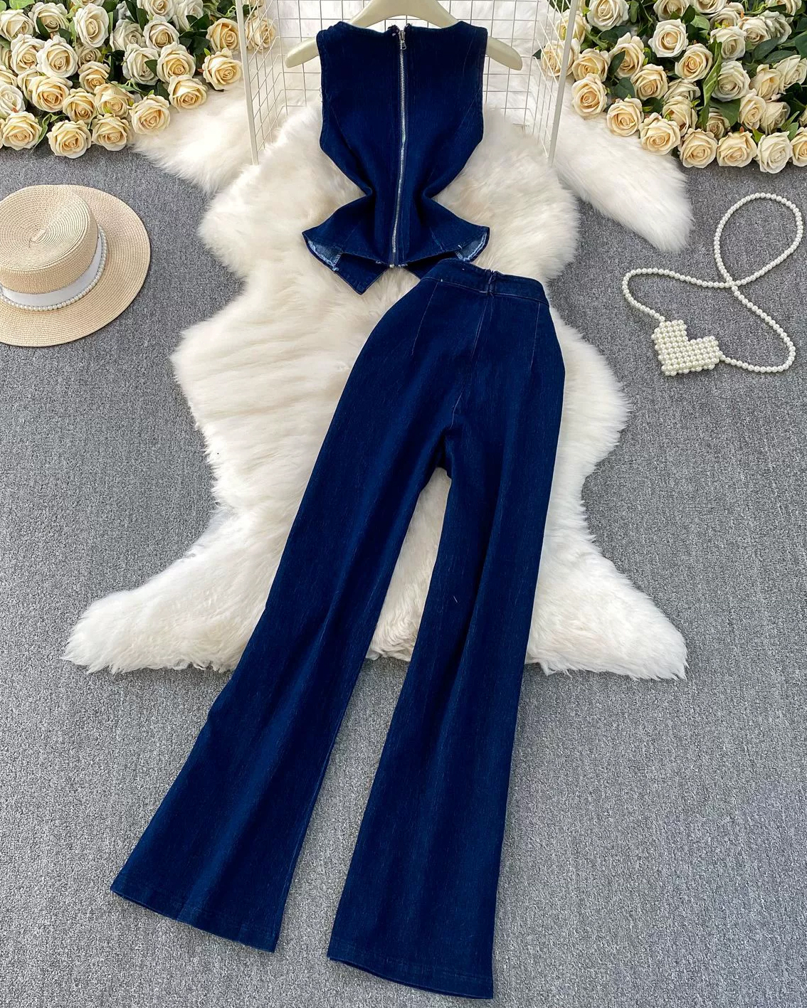 Metal Button Round Neck Sleeveless Denim Vest Wide-Leg Pants Set-Curvy-Faja