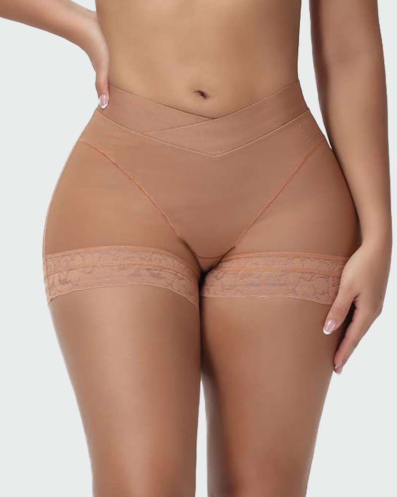 High Waisted Cross V Shapewear Shorts With Lace Trim Anti Roll Butt Lifter Design
