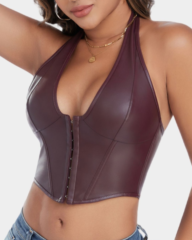 PU Leather Button Down Vest Corset