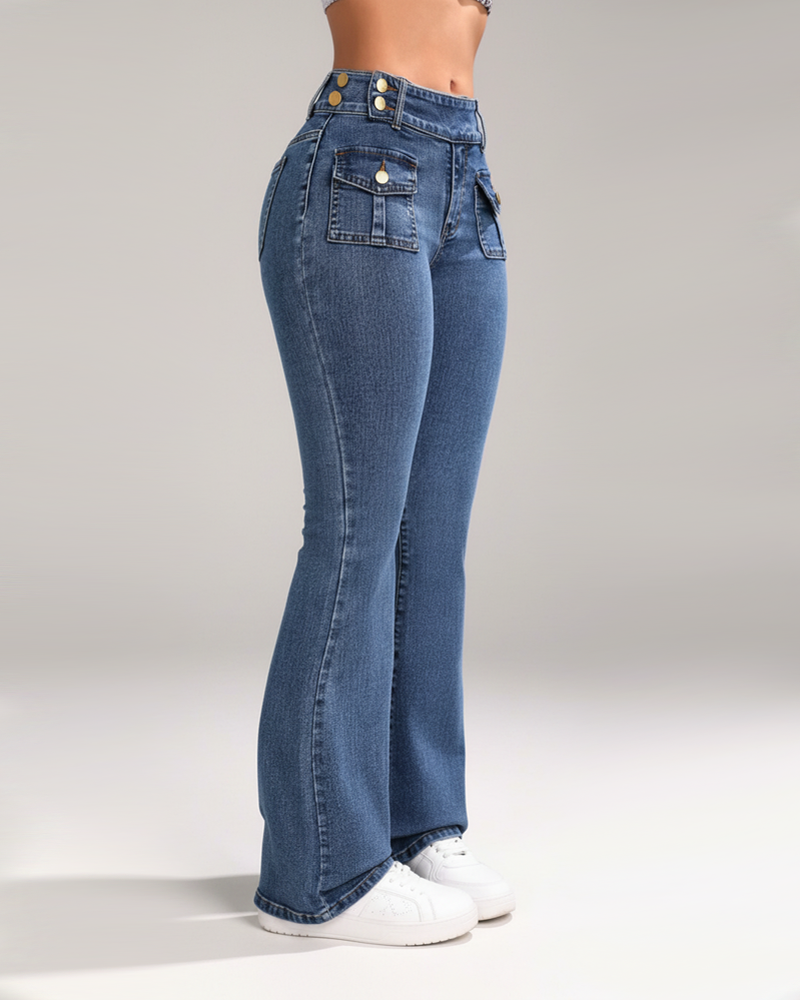 High Waist Casual Stretch Slim Fit Flare Jeans With Pockets Fashion Denim Pants