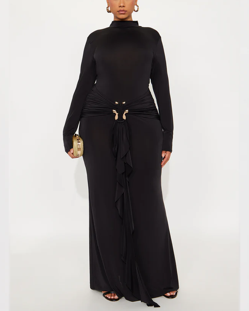 High Neck Long Sleeved Fitted Dress With Metallic Ribbon At The Waist And Ruched Details Elegant Evening Gown