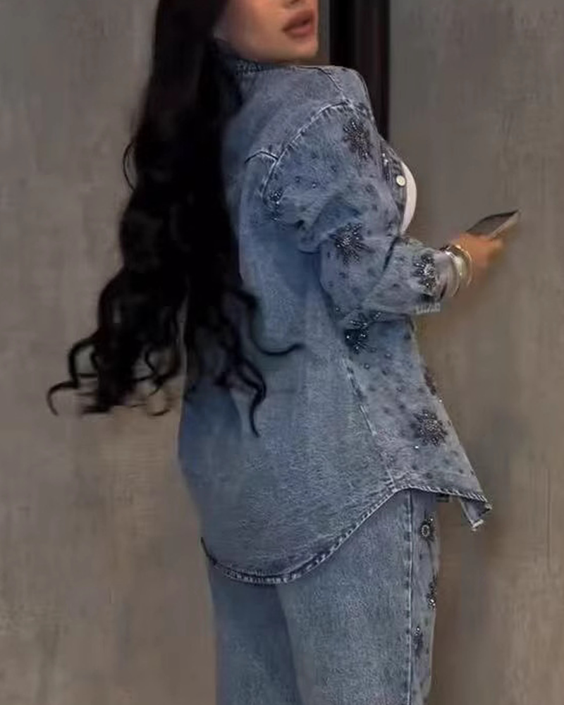 Heavyweight Beaded Floral Sequined Casual Denim Top (Pre-Sale)