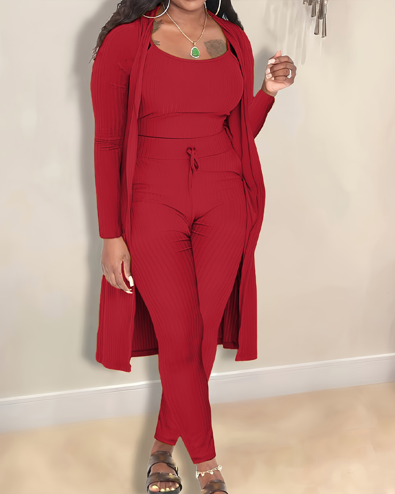 Casual Knitted Long Cardigan Vest And Pants Three Piece Set