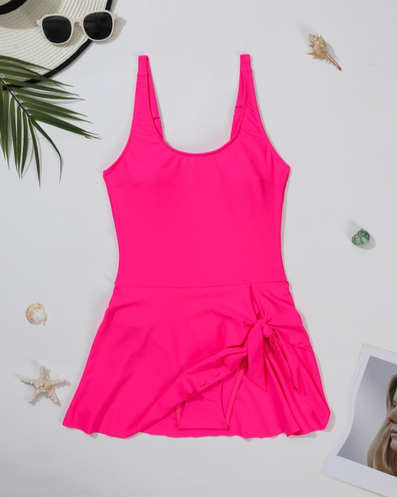 Asymmetrical Hem Pleated And Knotted One-Piece Swimsuit For Beach Vacation
