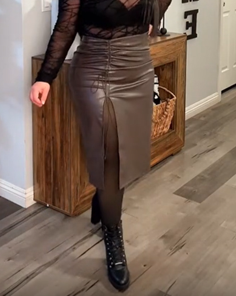 Pleated Drawstring PU High-Waisted Slit Midi Skirt