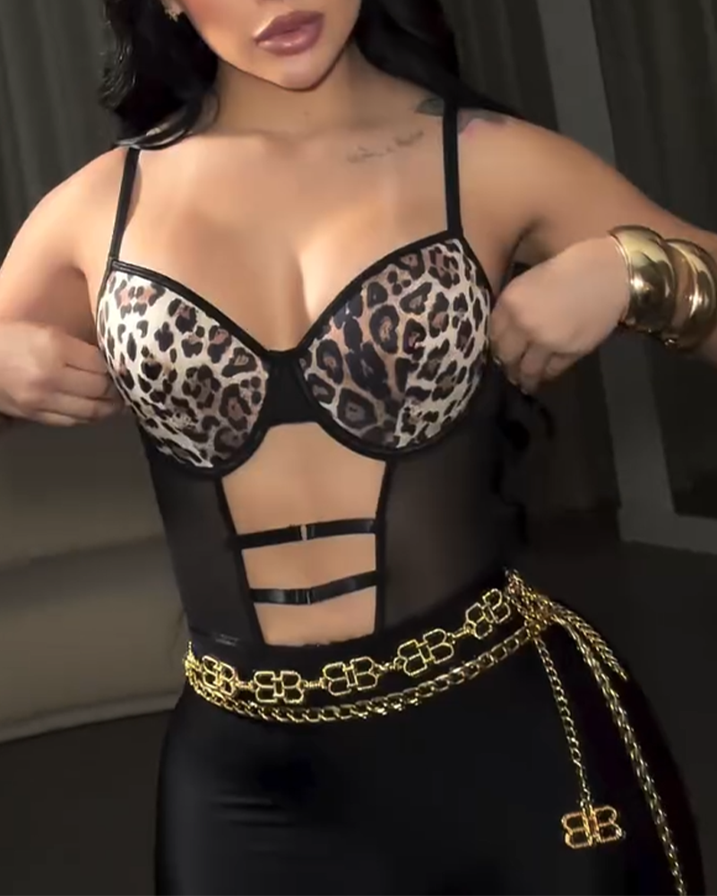 Leopard Print Mesh Cutout Push-Up Lingerie Bodysuit