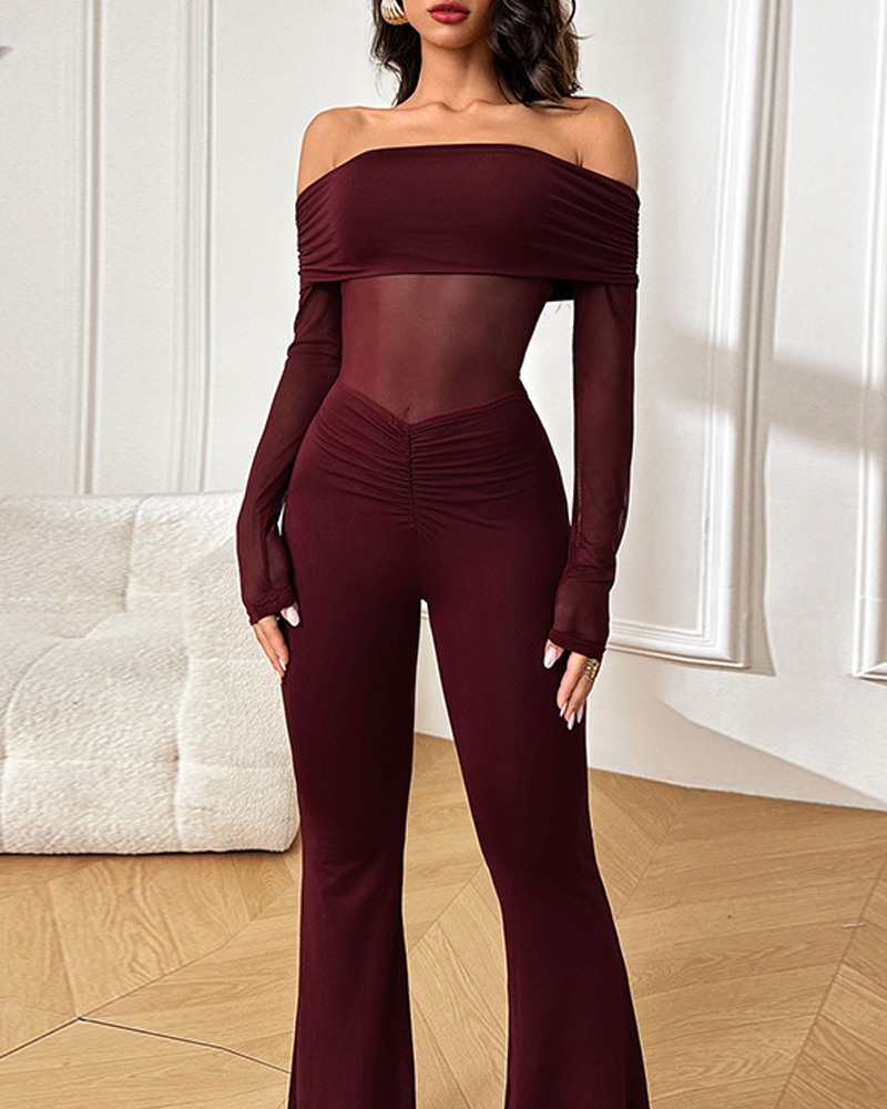 Mesh-Paneled Off-Shoulder Long-Sleeved Jumpsuit