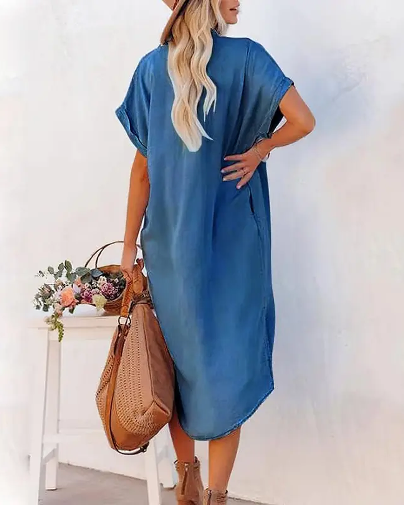 Denim Short Sleeve Button Down Long Dress With Side Split