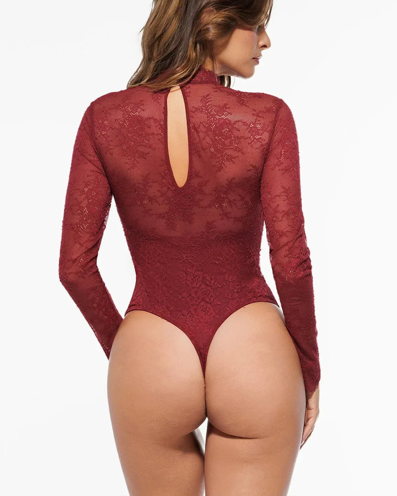 Deep V Neck See Through Lace High Neck Bodysuit With Built In Bra (Pre-Sale)