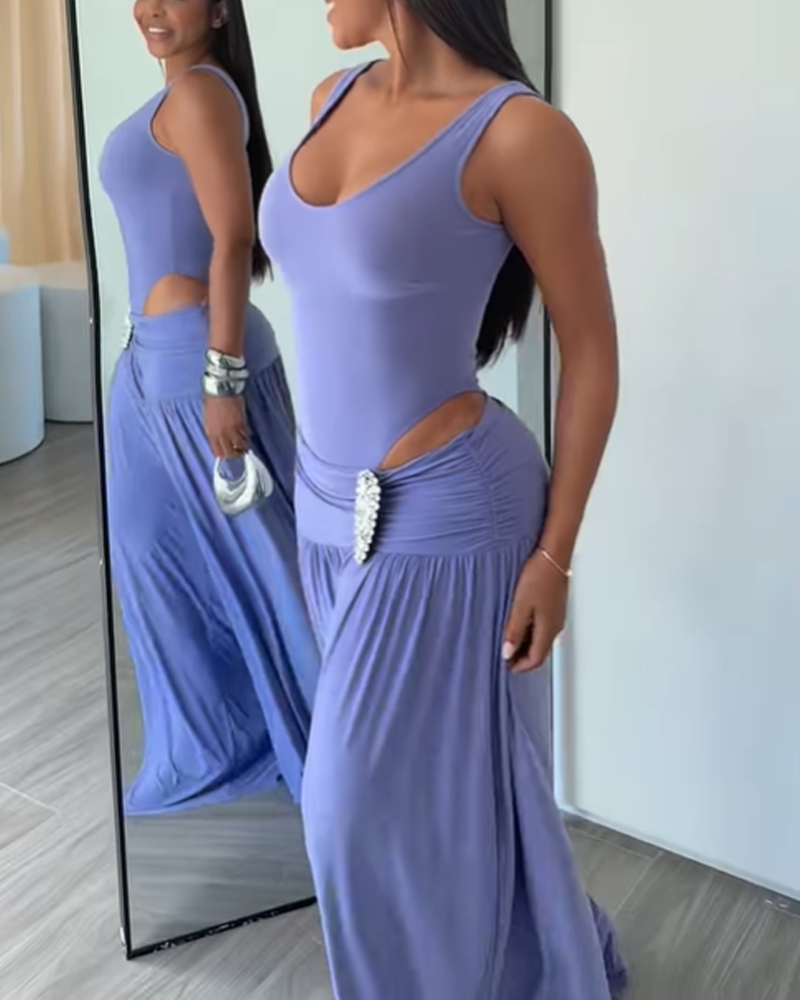 Tank Bodysuit Rhinestone Waist Draped Wide Leg Pants Two Piece Set