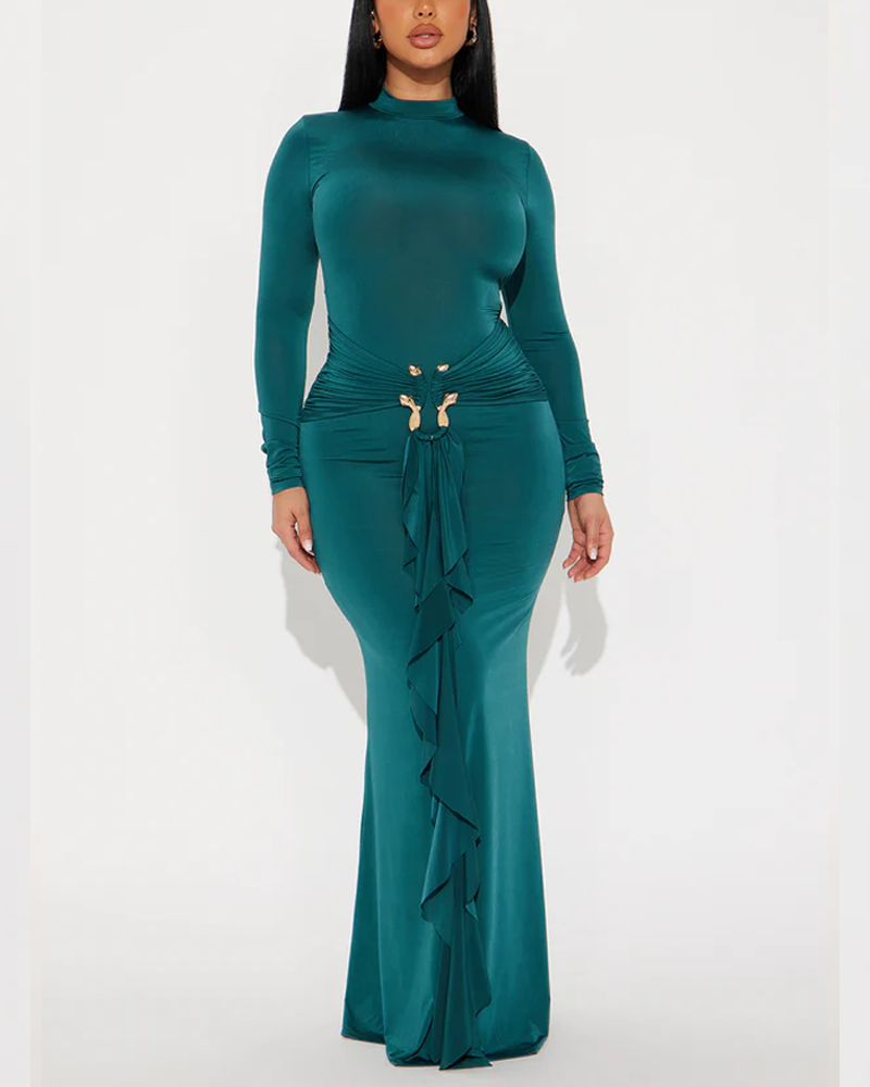 High Neck Long Sleeved Fitted Dress With Metallic Ribbon At The Waist And Ruched Details Elegant Evening Gown