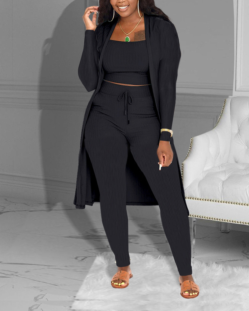 Casual Knitted Long Cardigan Vest And Pants Three Piece Set