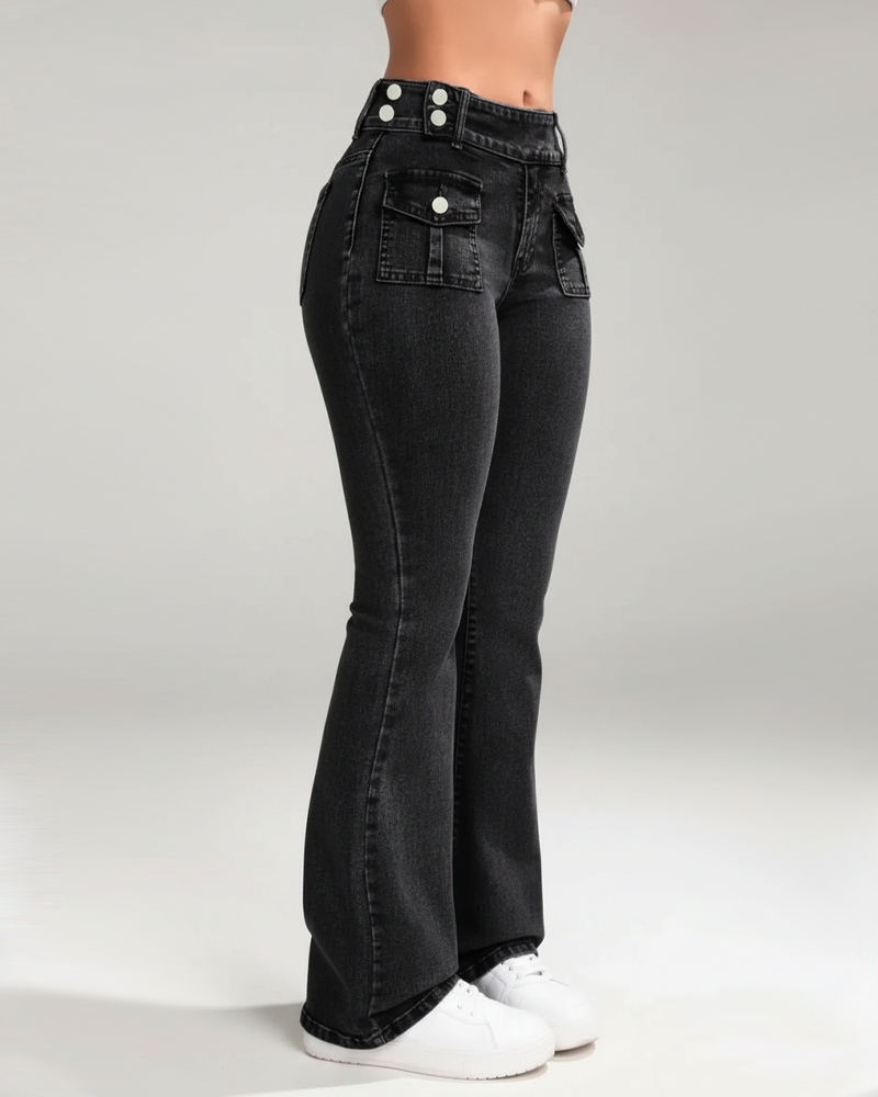 High Waist Casual Stretch Slim Fit Flare Jeans With Pockets Fashion Denim Pants