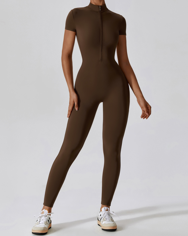Zippered Short-Sleeved Slim-Fit Jumpsuit