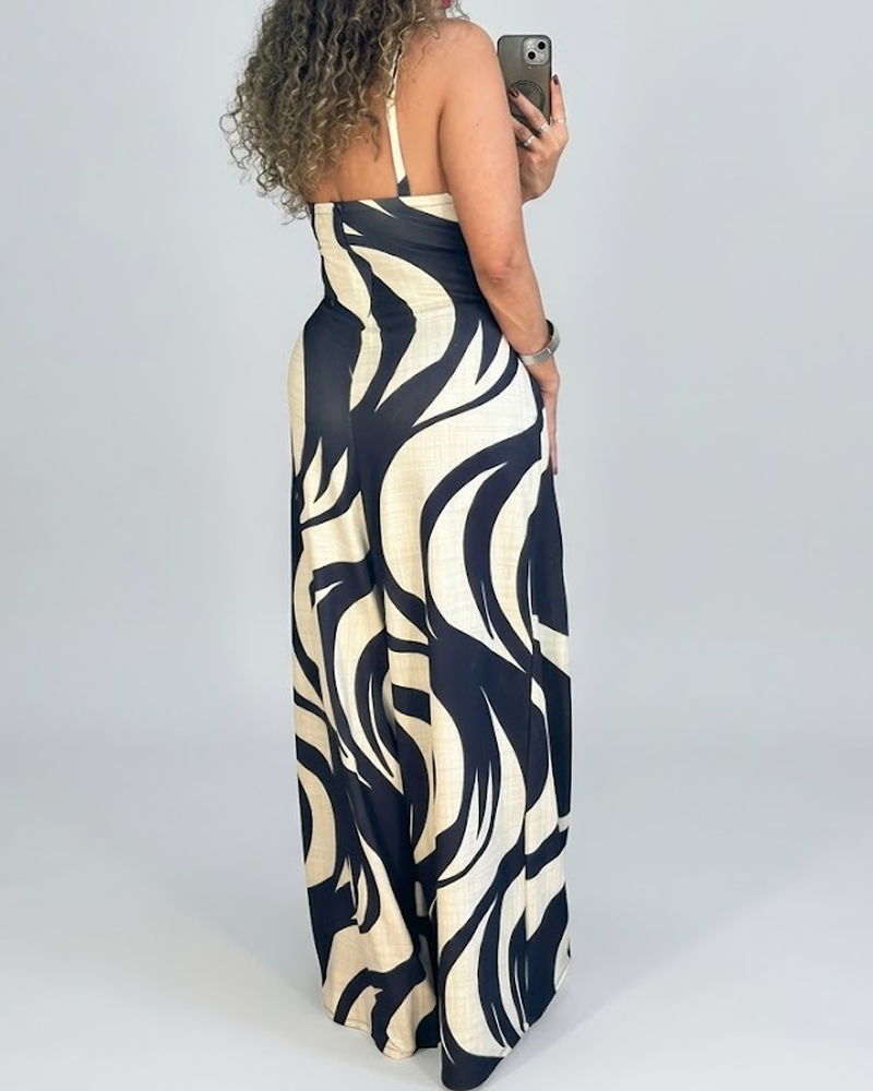 Women's V-Neck Spaghetti Strap Printed Back Lace-Up Wide Leg Jumpsuit (Pre-Sale)