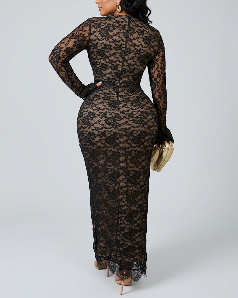 Elegant Lace Deep V Neck Long Sleeve Slit Dress for Women