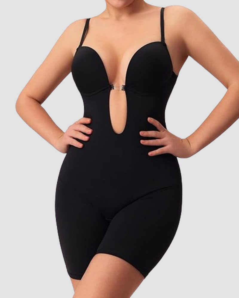 Sleeveless Solid Tummy Control Backless Shapewear V Neck Bodysuit With Built In Bra