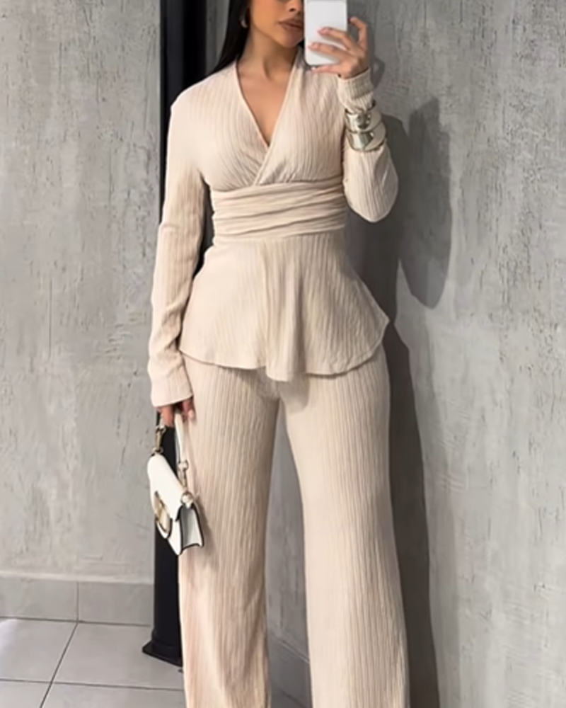 Stylish And Elegant V Neck Fitted Waist Long Sleeved Trouser Suit