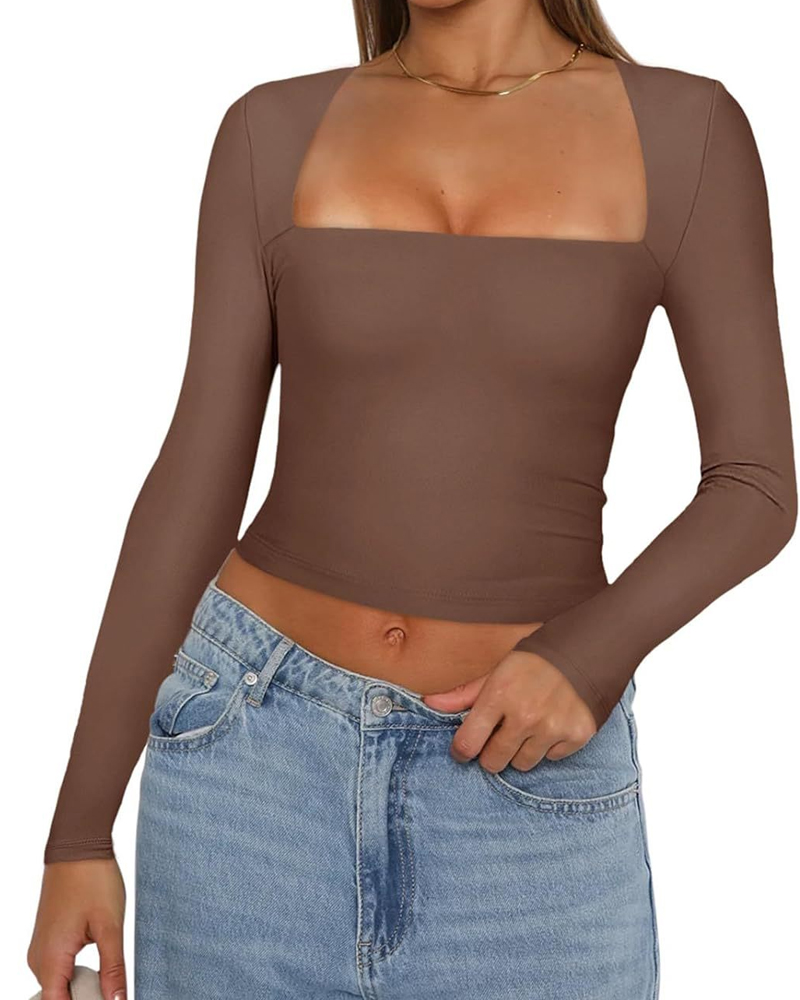 Long Sleeve Square Neck T-Shirt Top-Curvy-Faja