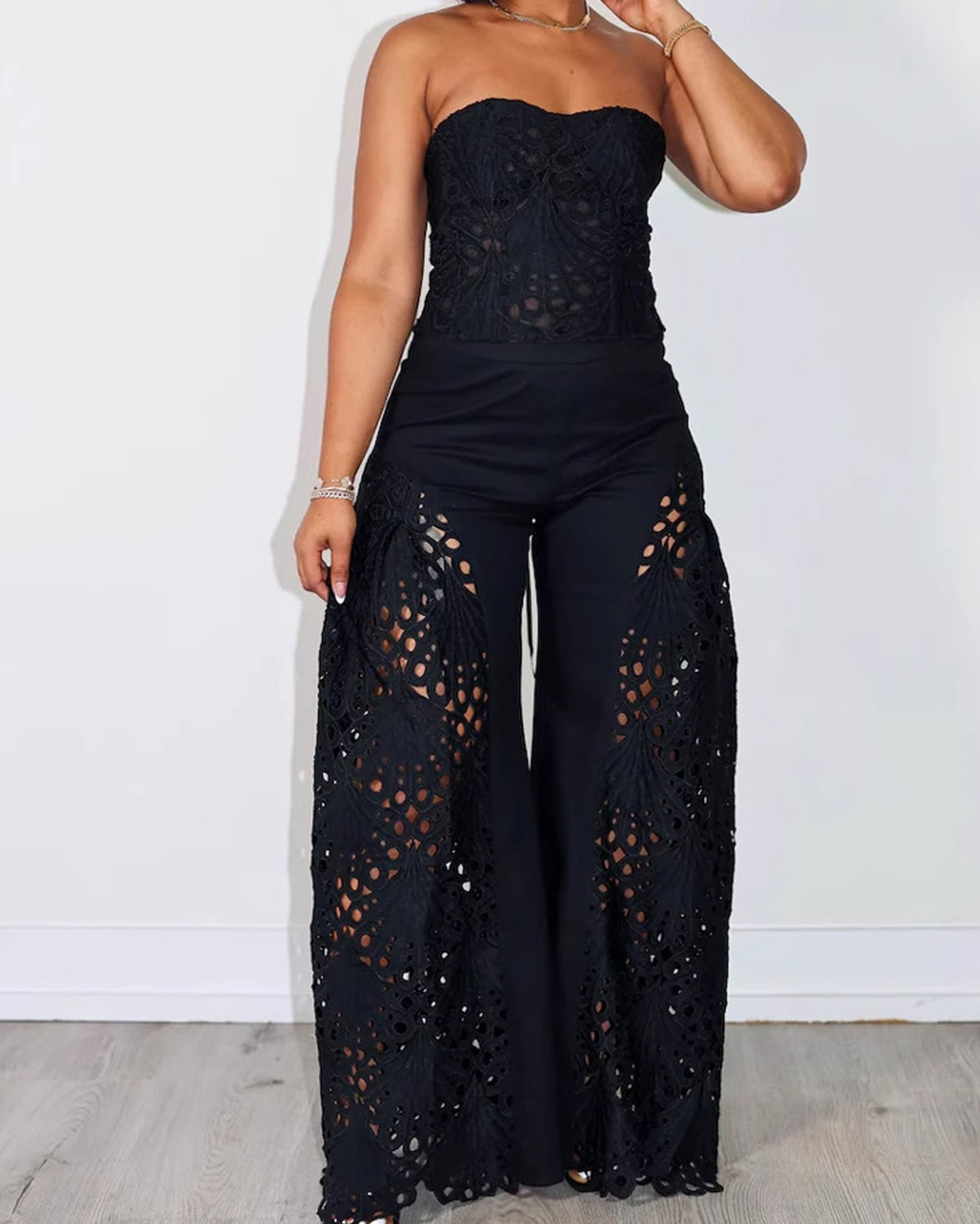 Fashionable Lace Tube Top Trousers Suit