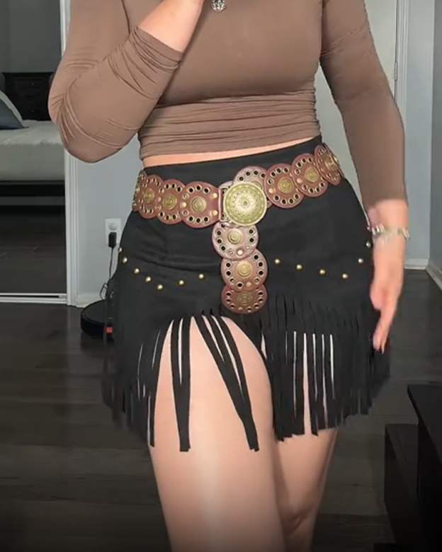 Retro Studded Tassel Mini Skirt
