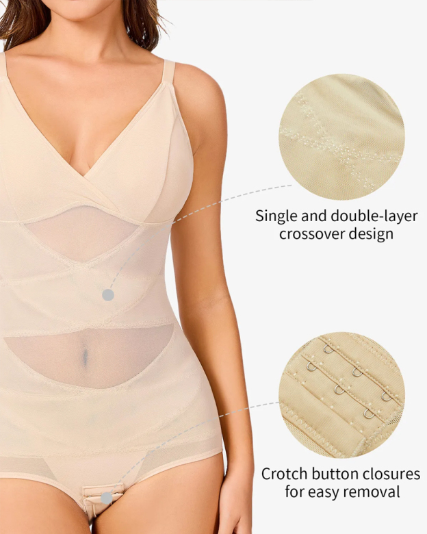 See-Through Mesh Waist-Lifting Bust-Supporting Bodysuit-Curvy-Faja