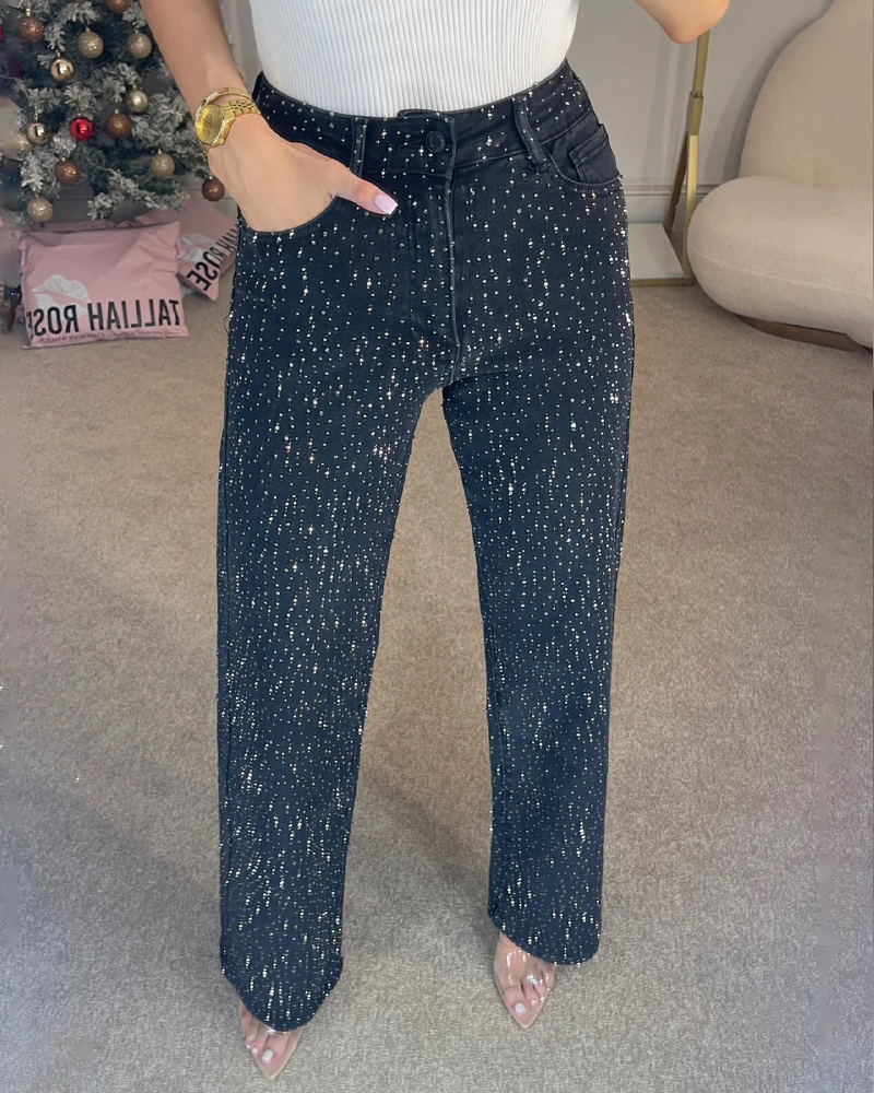 Fully Rhinestone High Waisted Straight Leg Washed Jeans
