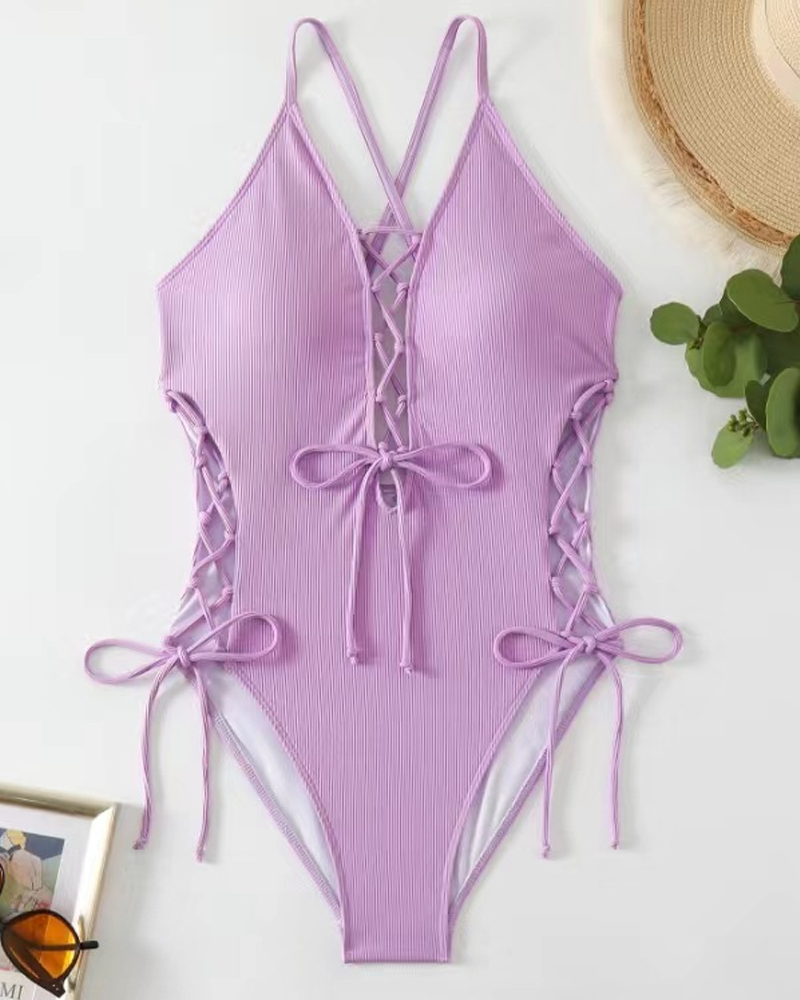 Ribbed Lace-Up Open Back Tummy Control Shaping One-Piece Swimsuit