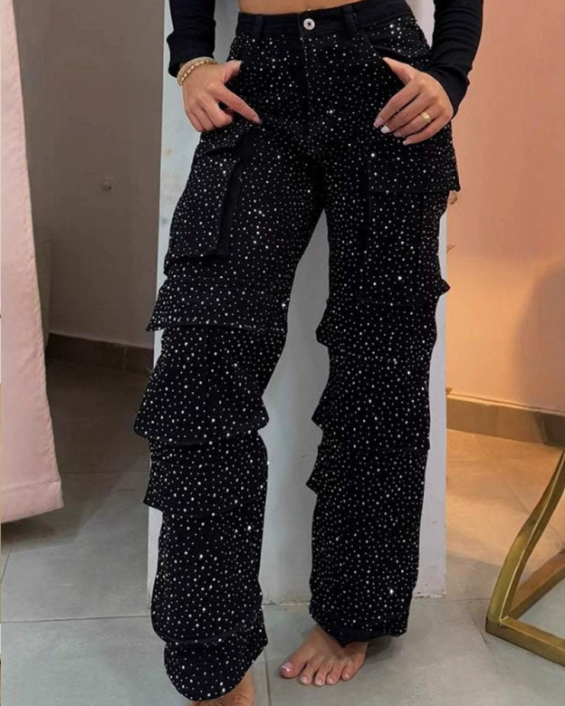 Street Style Casual Jeans With Rhinestone Studded Pockets