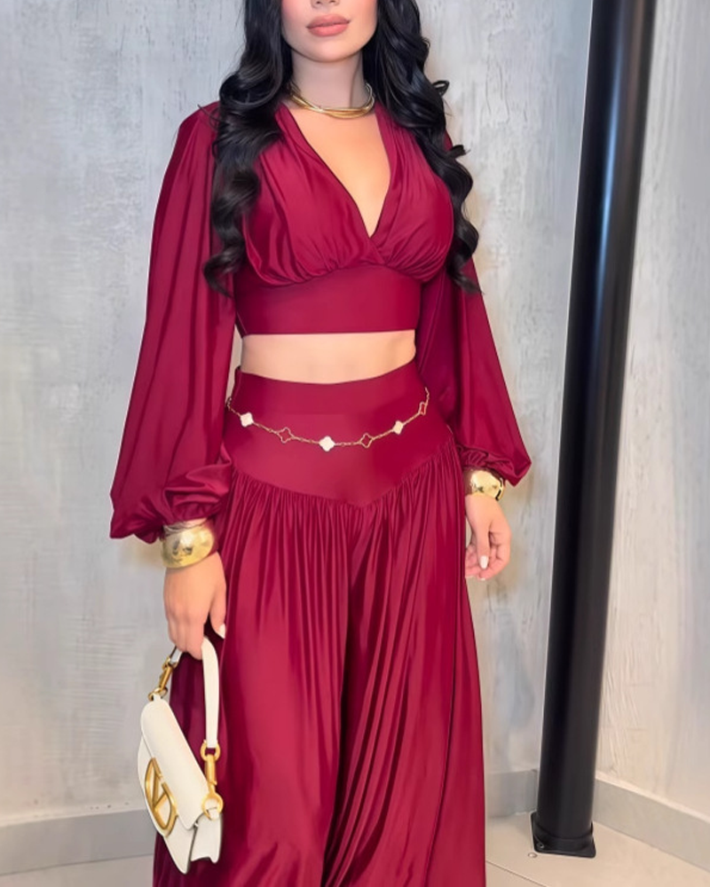 Two Piece Set Cropped Top With Pleats And Wide Leg Pants