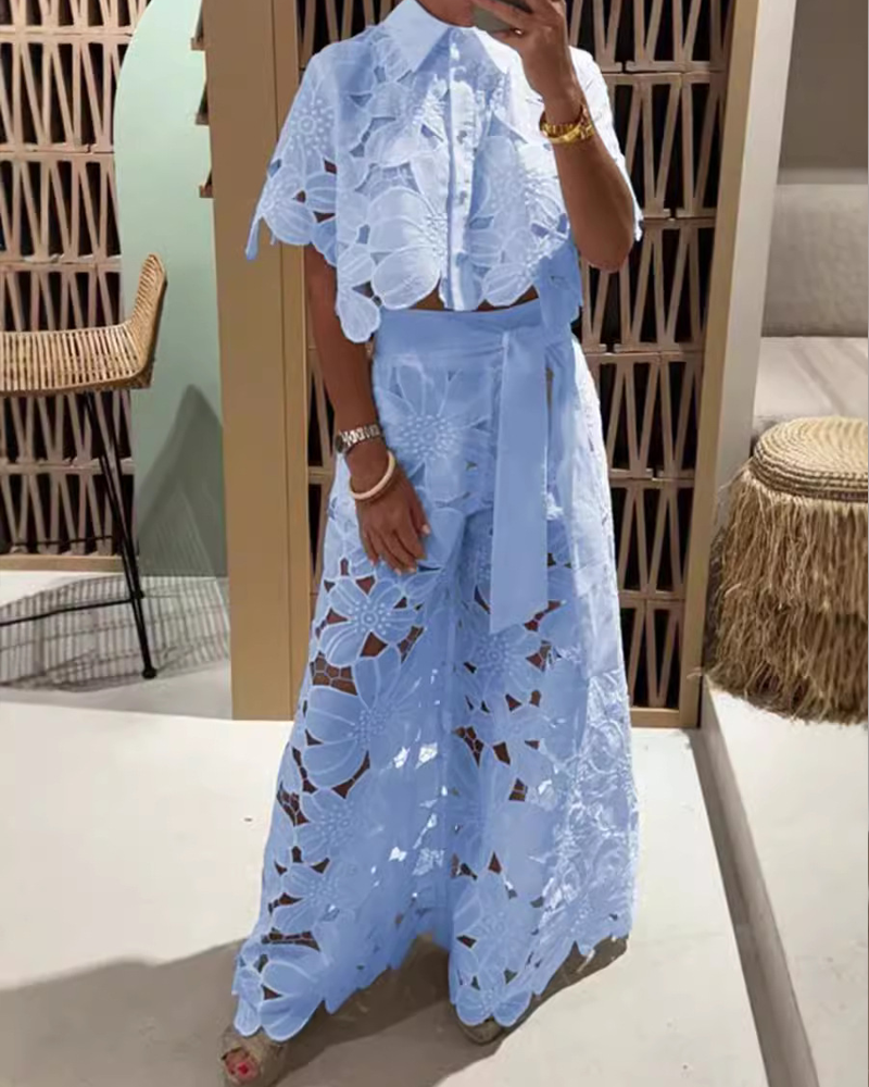 Hollow Out Cardigan Top And Wide Leg Pants Two Piece Set