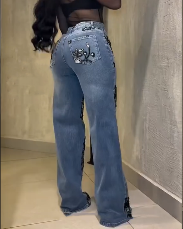 Retro Blue Denim Wide Leg Pants With Floral Embroidery (Pre-Sale)