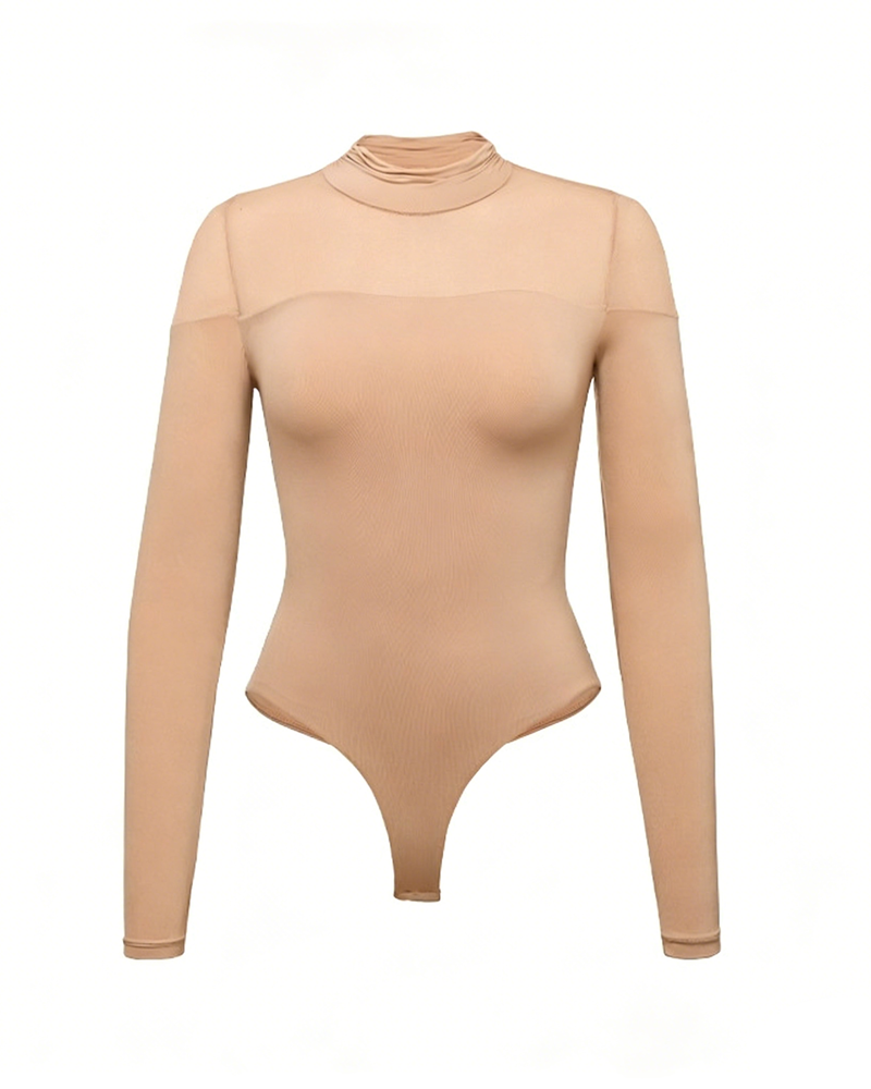 Seamless High-Neck Base Layer Mesh Splicing Long-Sleeved Slim-Fit High-Elastic Bodysuit