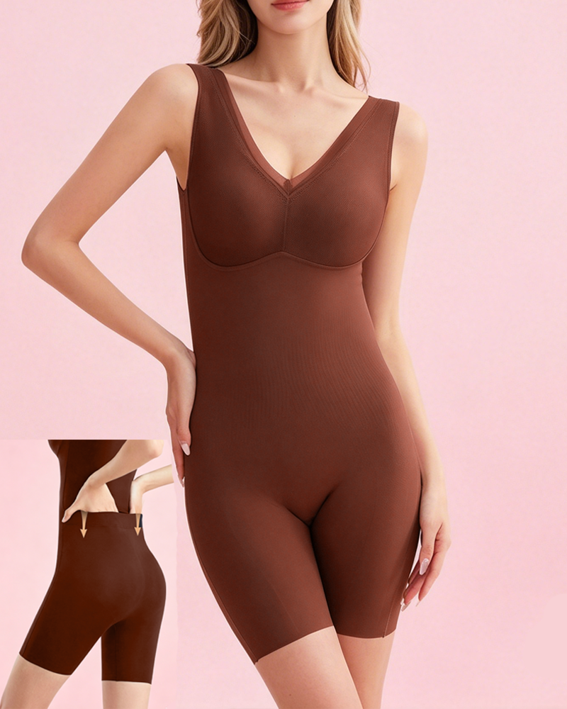 Seamless Back-Open One-Piece Shaping Bodysuit with Built-In Bra