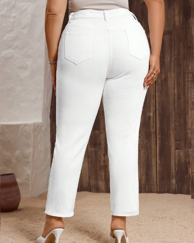 Plus-Size White Straight-Leg Jeans Cigarette Pants
