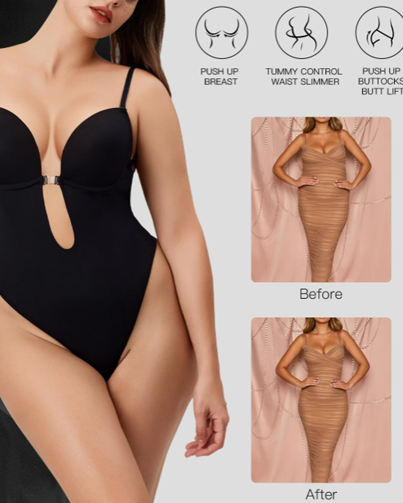 Deep V Backless Bodysuit With Bust Support Shaping And Invisible Shoulder Straps