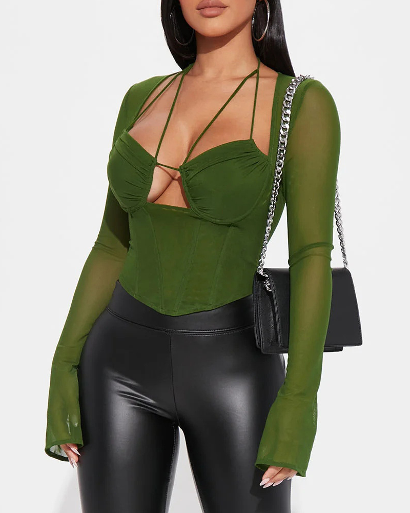 Mesh Patchwork Versatile Fishbone Halter Neck Tie-Waist Cropped Top