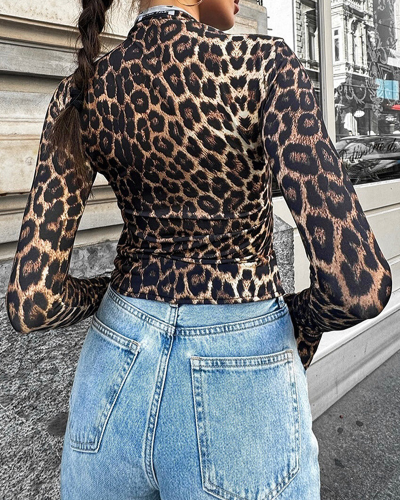 Hot Girl Leopard Print Women's Clothing Drawstring Navel-Exposed Tight Long Sleeve Tops T-shirt Wome