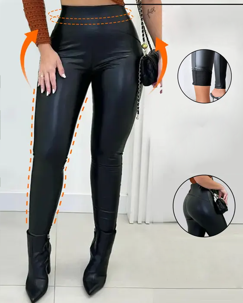 High-Waisted Slim-Fit Stretch PU Leather Pants