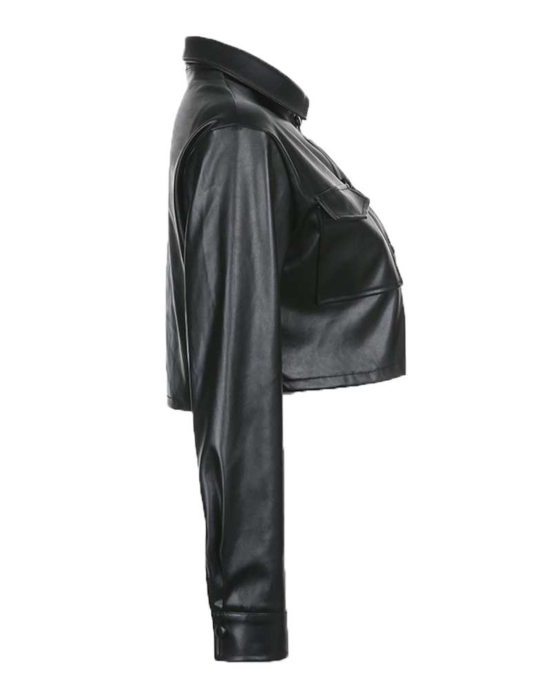 Long-Sleeved PU Leather Jacket Short Coat