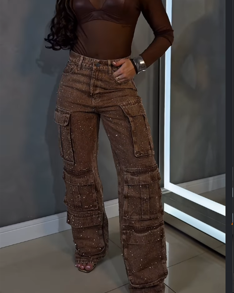Street Style Casual Jeans With Rhinestone Studded Pockets