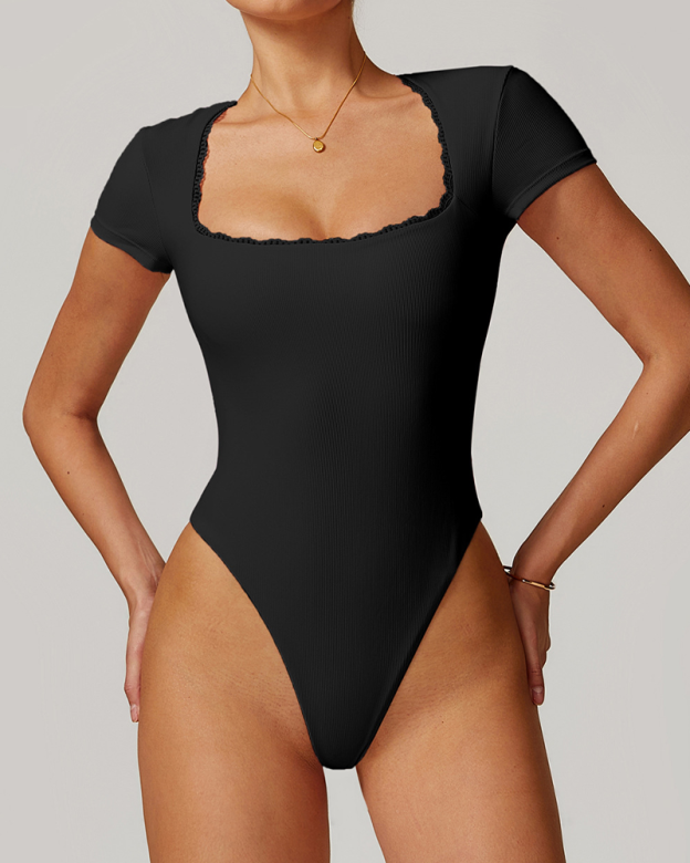 Short Sleeved Lace Trimmed Bodycon Bodysuit