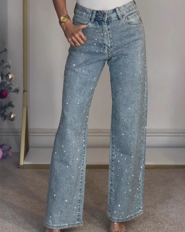 Fully Rhinestone High Waisted Straight Leg Washed Jeans
