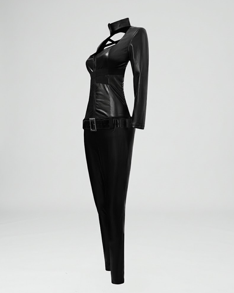 Halloween Catwoman 4 Piece Set Faux Leather Crisscross Open Back Bodysuit Costume