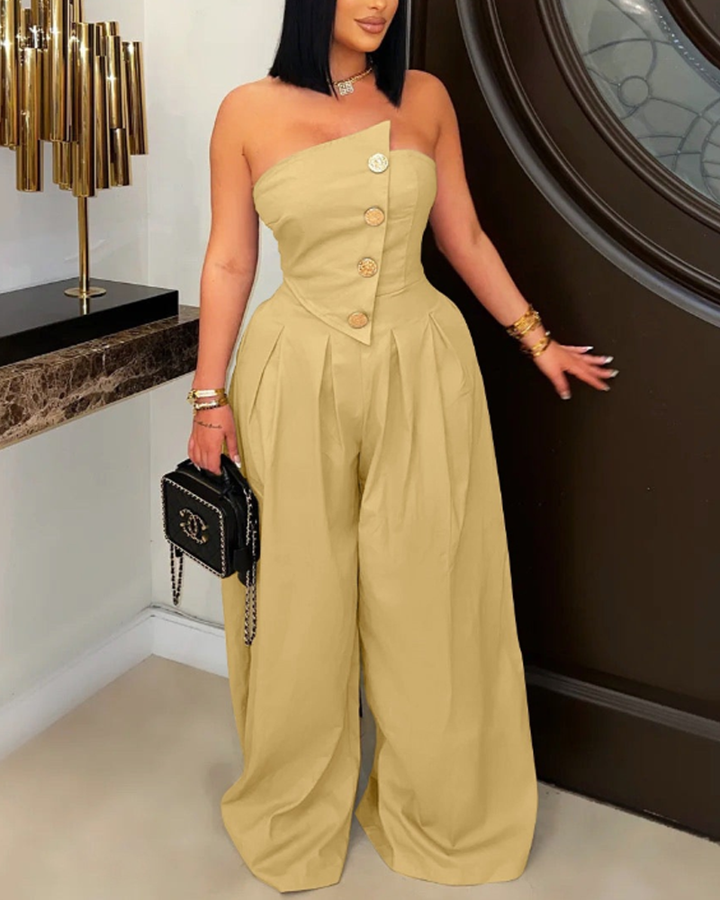 Strapless Sleeveless Jumpsuit With Metal Buttons