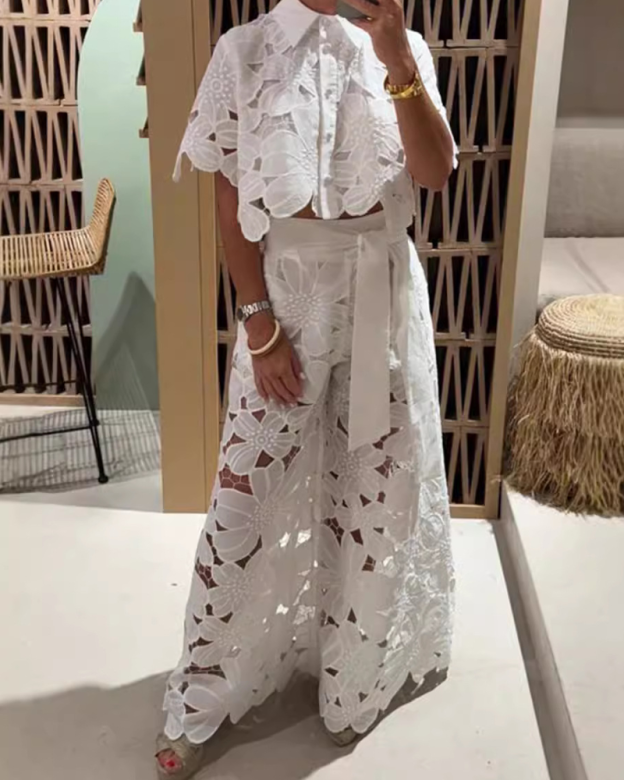 Hollow Out Cardigan Top And Wide Leg Pants Two Piece Set