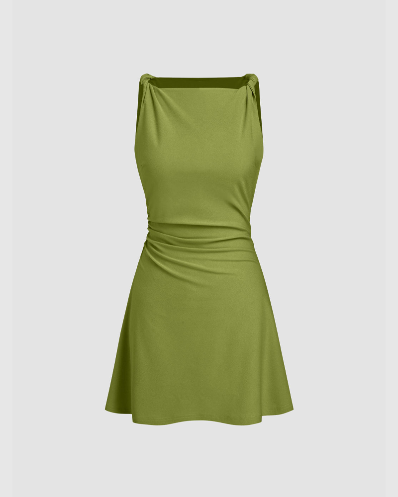Boat Neck Twist Ruched Mini Dress (Pre-Sale)
