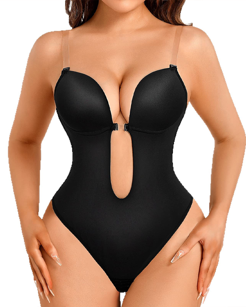 Deep V Backless Bodysuit With Bust Support Shaping